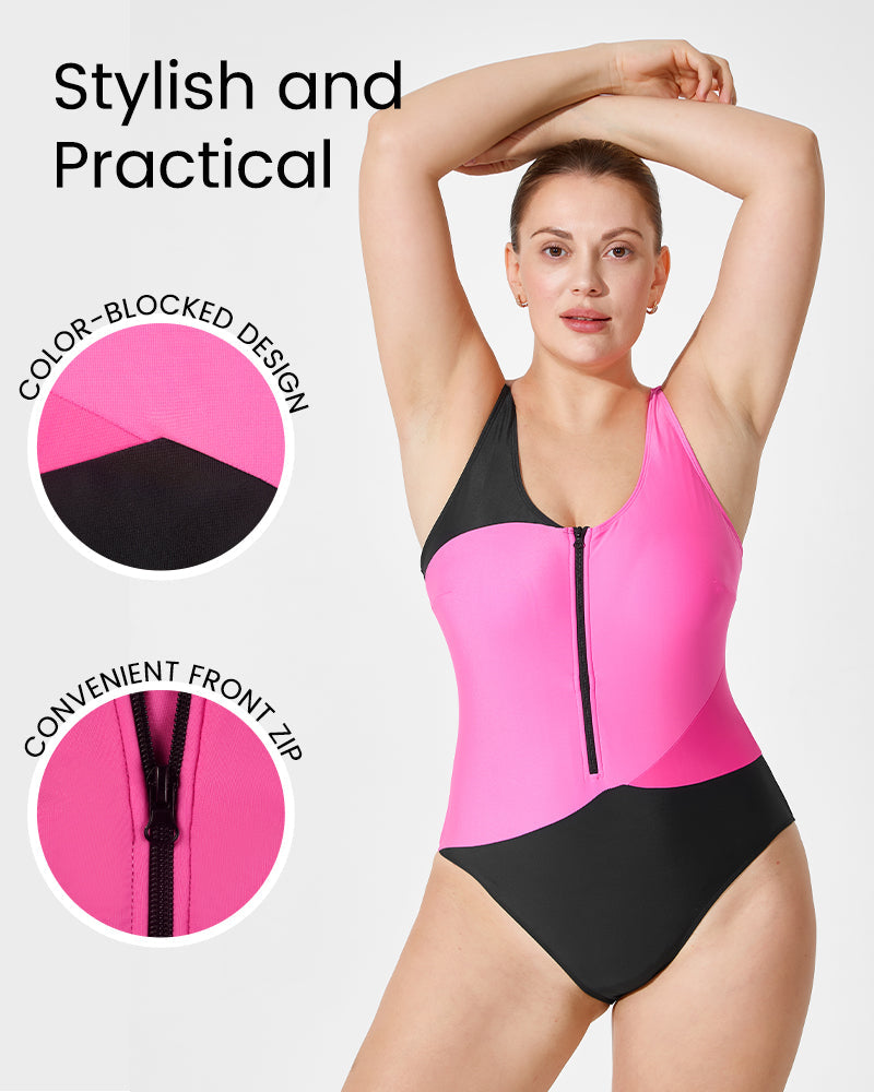 Trendy Color-Blocked Front Zip Tank Swimsuit