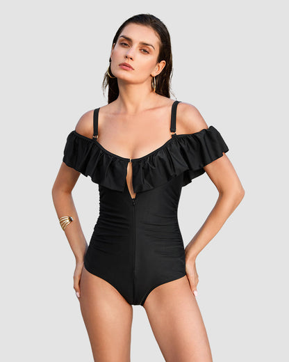 Drop-Shoulder Ruffled Zip-Front Shapewear Swimsuit