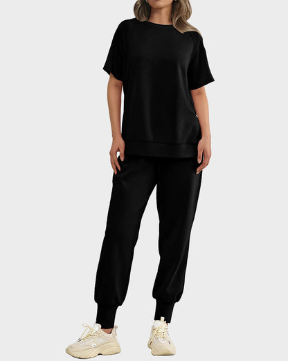 2-Piece Lounge Pullover & Pants Set with Zipper Slits