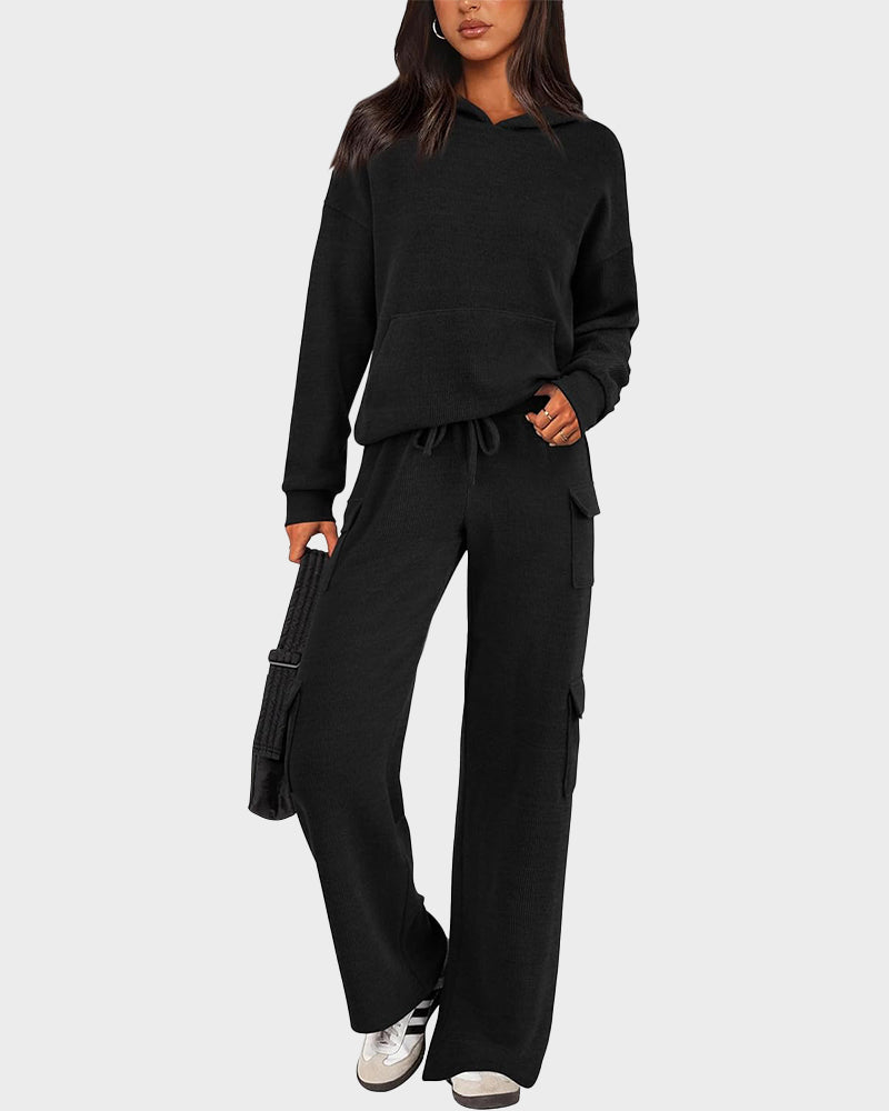 2-Piece Knit Hoodie & Wide Leg Pants Outfit