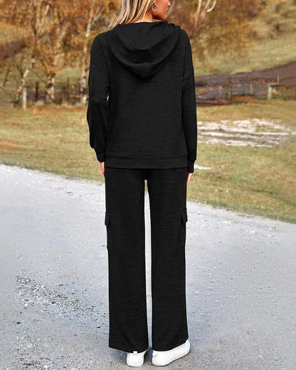 2-Piece Knit Hoodie & Wide Leg Pants Outfit