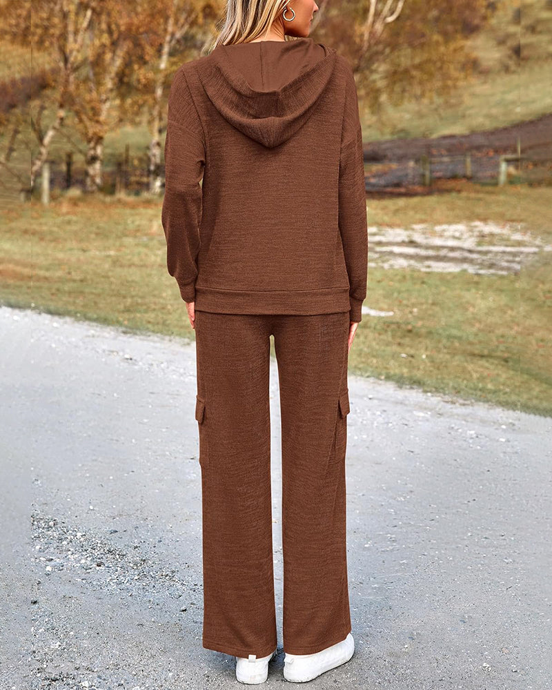 2-Piece Knit Hoodie & Wide Leg Pants Outfit