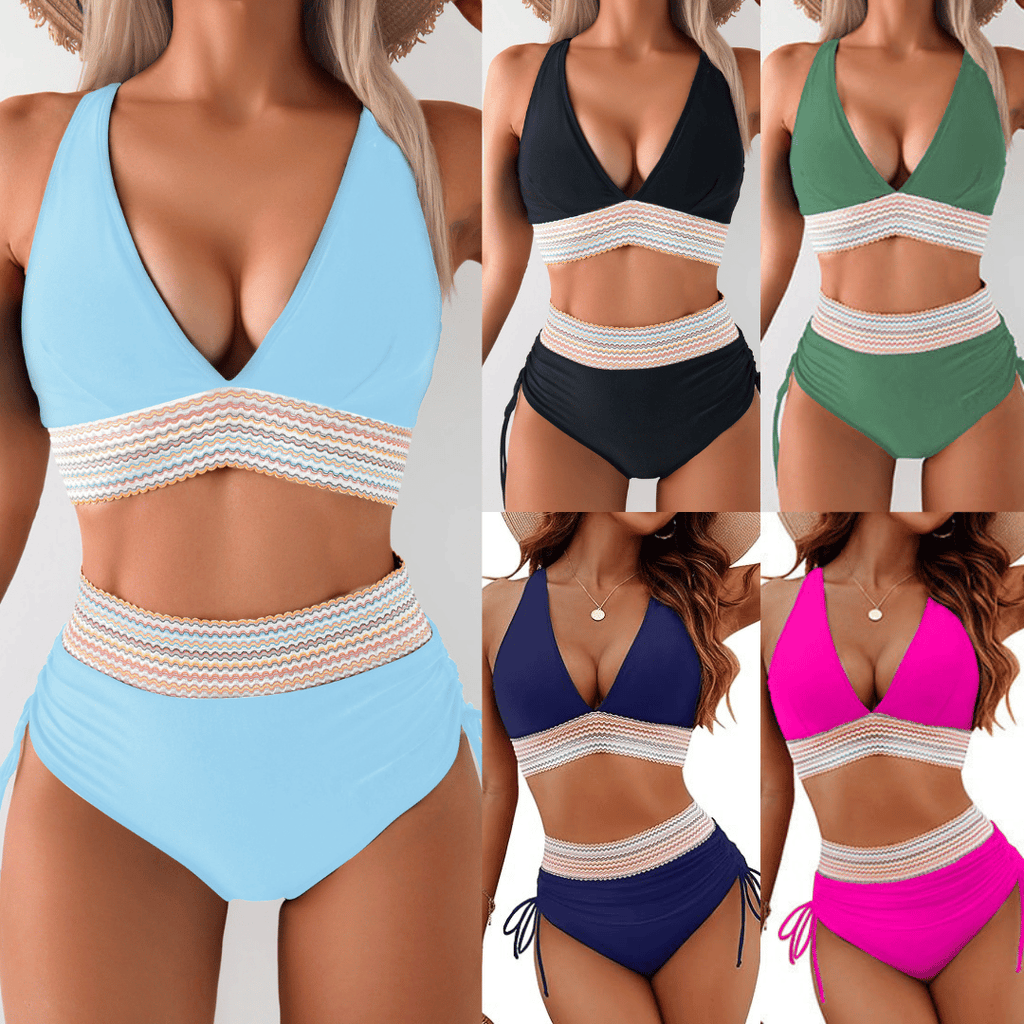 High Waisted Tummy Control Color Block Bikini Sets