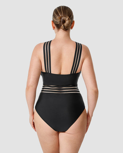 Striped Mesh Insert Cross-Over Halter Neck Swimsuit
