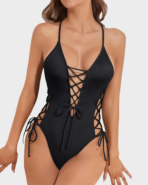 Deep Plunge V Neck High Cut Lace Up Swimsuit