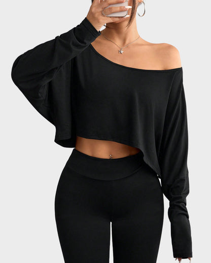 Casual Off-Shoulder Long Sleeve Asymmetrical Crop Top