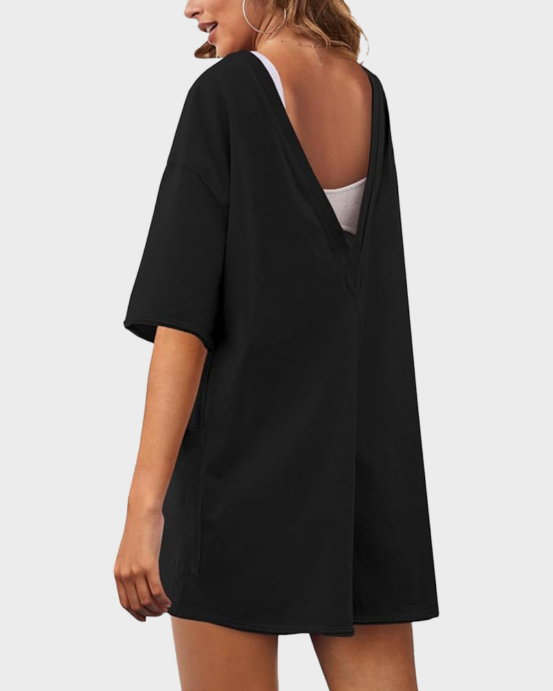 Casual One-Piece V-Back Romper with Pockets