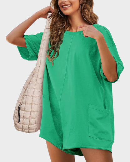 Casual One-Piece V-Back Romper with Pockets