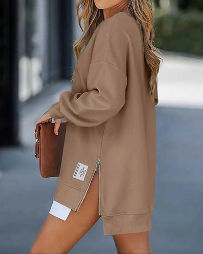 Casual Long Sleeve Zipper Slit Oversized Sweatshirt
