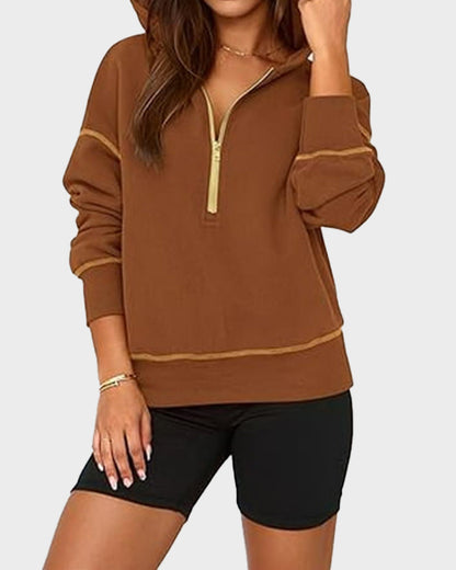 Cropped Half-Zip Hoodie with Contrast Stitching