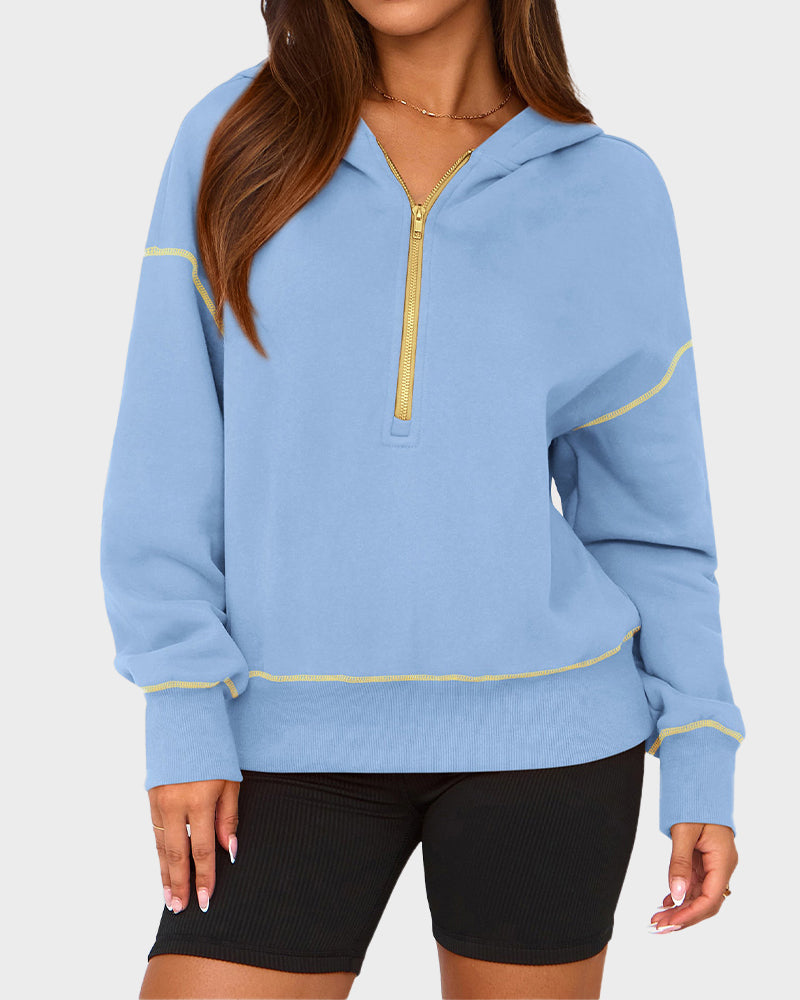Cropped Half-Zip Hoodie with Contrast Stitching