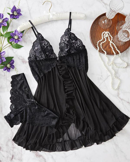 Lace Mesh See-Through Nightgown Set