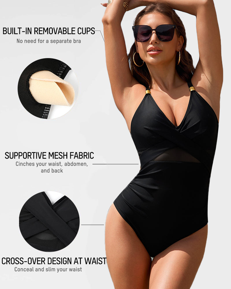 Metallic Accent Mesh Panel One-Piece Swimsuit