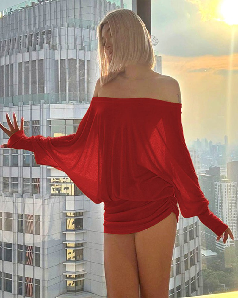 Off-Shoulder Sheer Ruched Bodycon Mini Dress