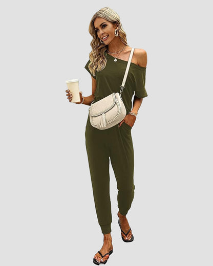 Off-Shoulder Short Sleeve Beam Foot Jumpsuit