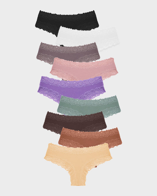 Ribbed Cotton Lace Mid-Rise Panty(9 pack）