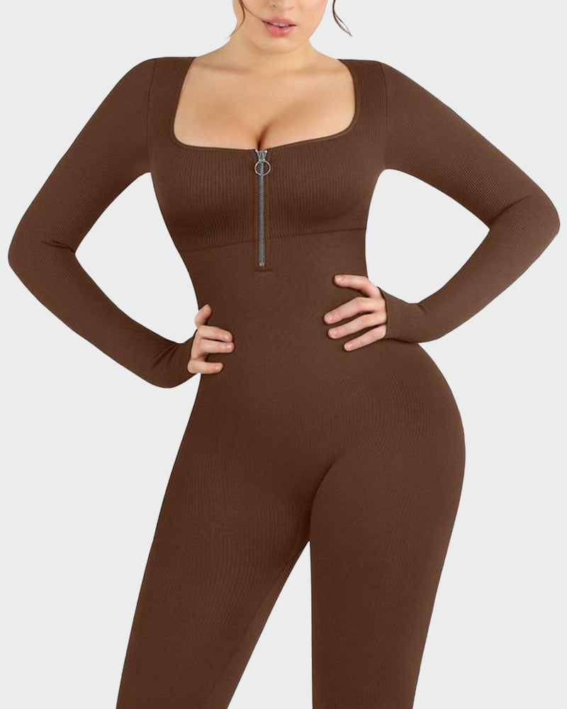 Seamless Ribbed Zip-Front Jumpsuit
