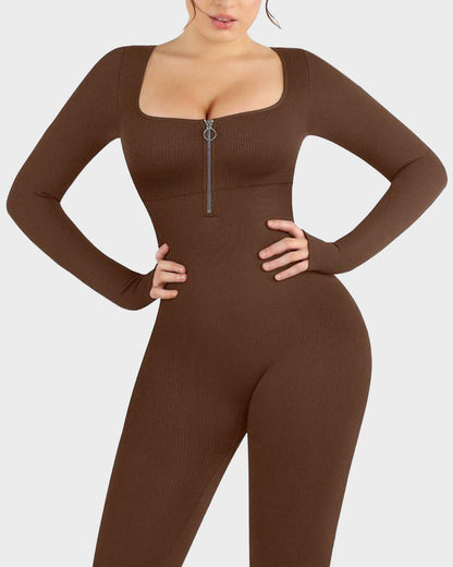 Seamless Ribbed Zip-Front Jumpsuit