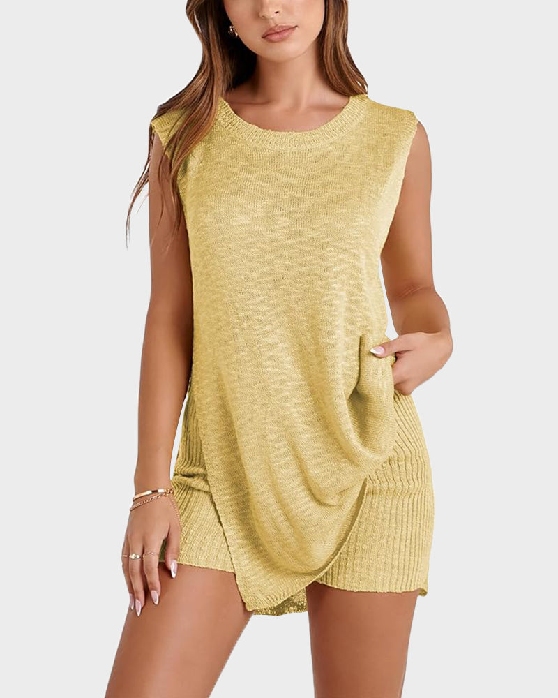 Sleeveless Knit Lounge Set with Side-Split Tank & Shorts
