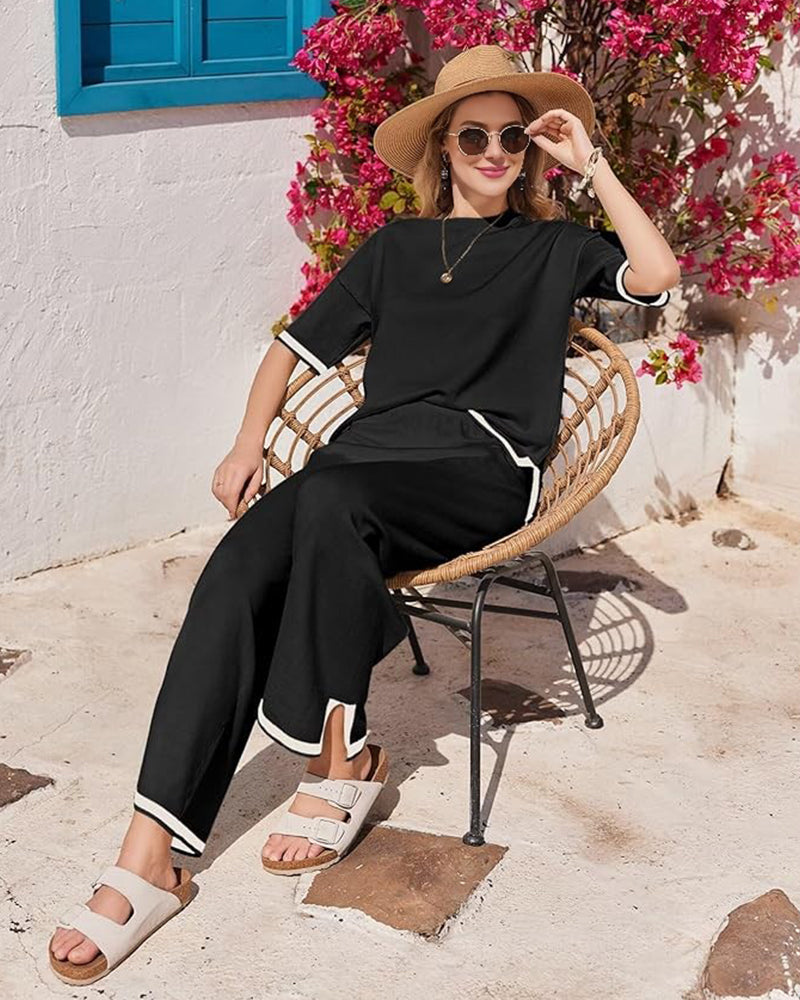 Soft Knit 2-Piece Lounge Set with Short Sleeve Top & Wide Leg Pants