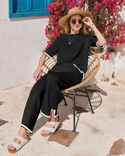 Soft Knit 2-Piece Lounge Set with Short Sleeve Top & Wide Leg Pants