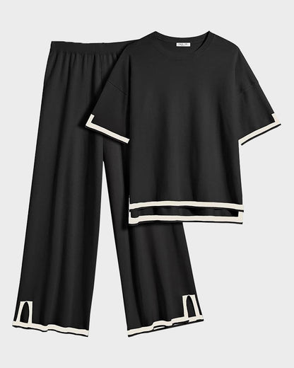 Soft Knit 2-Piece Lounge Set with Short Sleeve Top & Wide Leg Pants