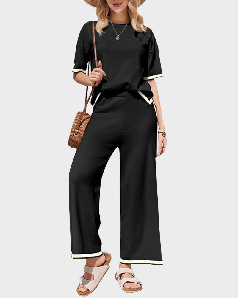 Soft Knit 2-Piece Lounge Set with Short Sleeve Top & Wide Leg Pants