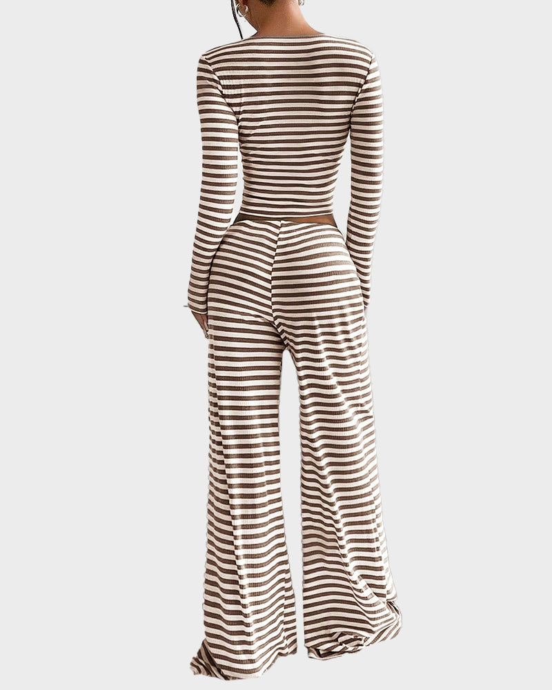 Stripe Crop Top & Wide Leg Two-Piece Lounge Set
