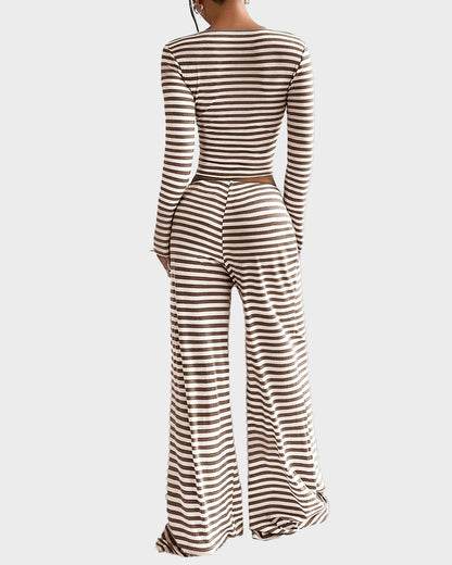 Stripe Crop Top & Wide Leg Two-Piece Lounge Set