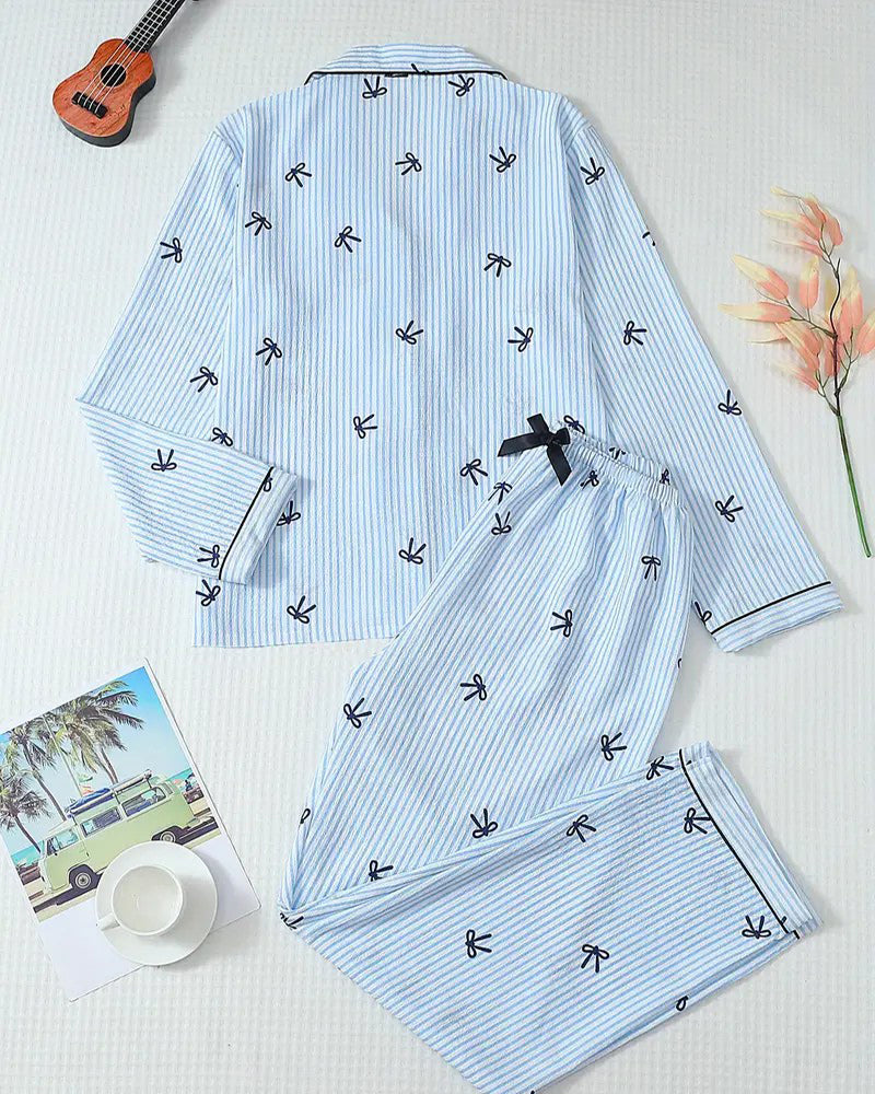 Striped Bow Print Long Sleeve Pajama Set