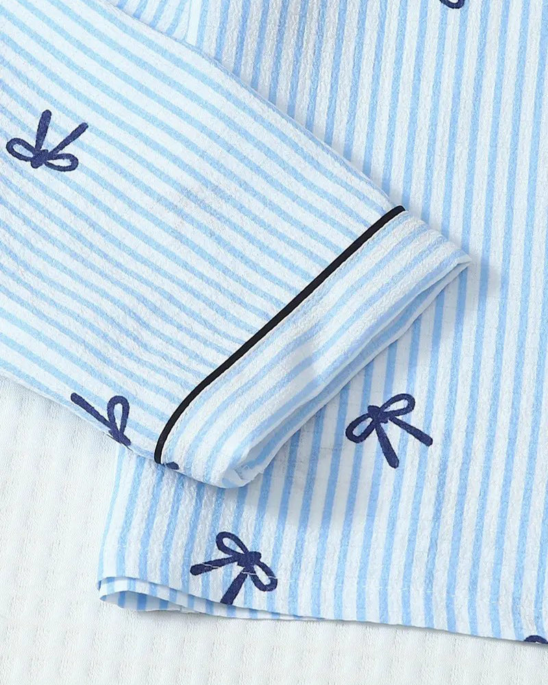 Striped Bow Print Long Sleeve Pajama Set