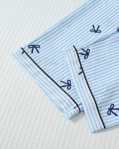 Striped Bow Print Long Sleeve Pajama Set