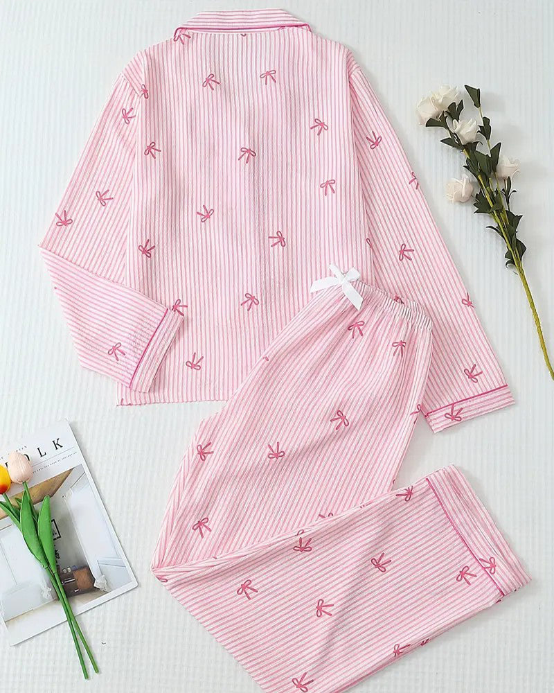 Striped Bow Print Long Sleeve Pajama Set