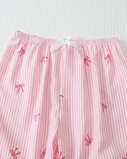 Striped Bow Print Long Sleeve Pajama Set