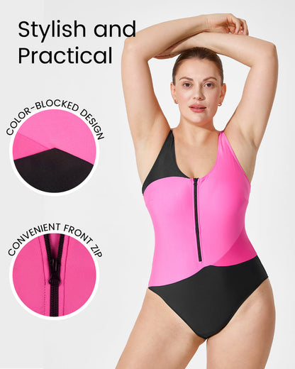 Trendy Color-Blocked Front Zip Tank Swimsuit