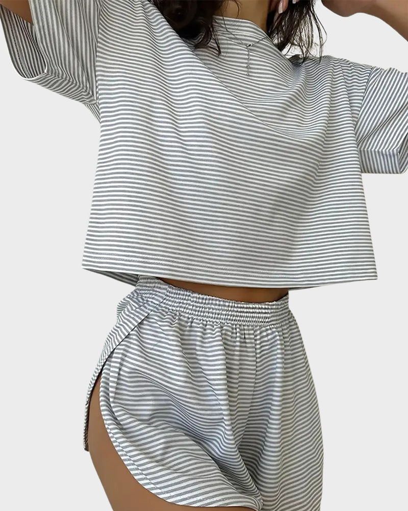 Two-Piece Striped Pajama Set with T-Shirt & Side-Split Shorts