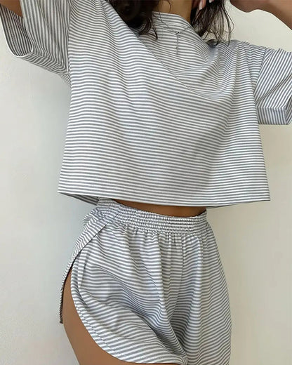 Two-Piece Striped Pajama Set with T-Shirt & Side-Split Shorts