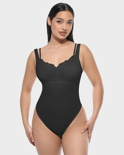 V-Neck Lace Thong Shapewear Bodysuit