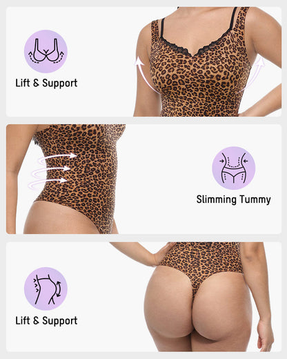 V-Neck Lace Thong Shapewear Bodysuit