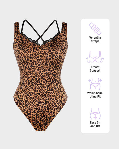 V-Neck Lace Thong Shapewear Bodysuit