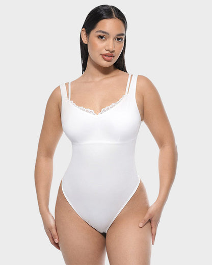 V-Neck Lace Thong Shapewear Bodysuit