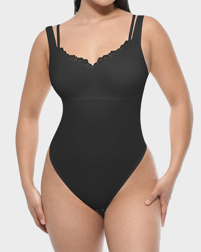 V-Neck Lace Thong Shapewear Bodysuit