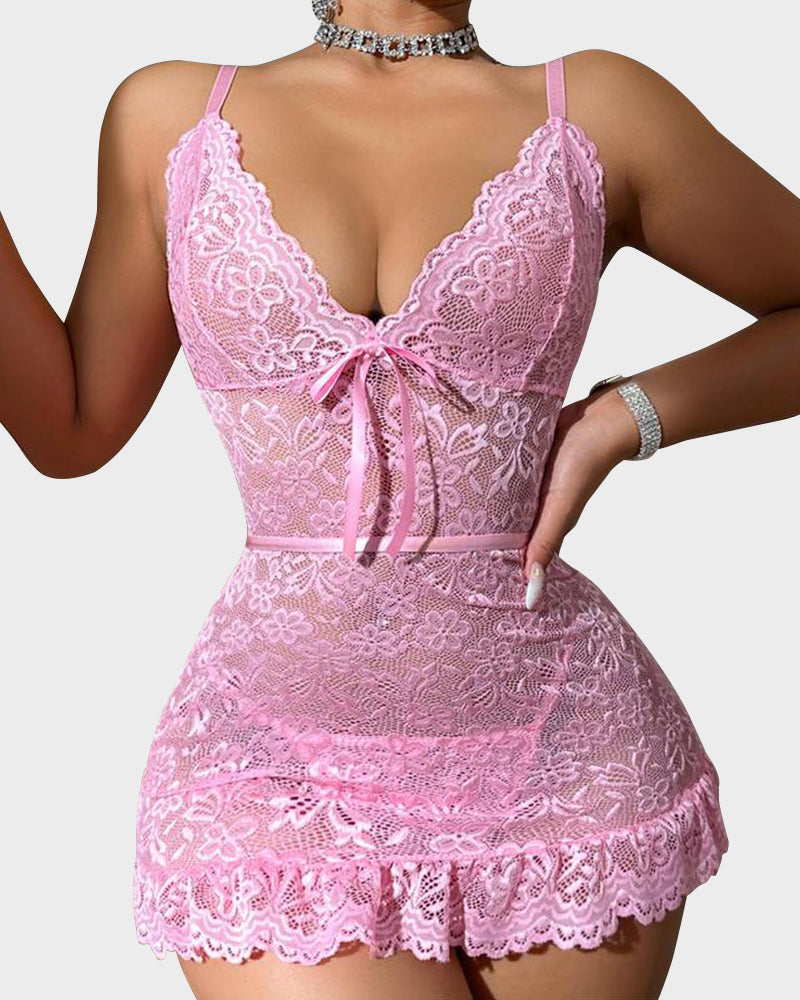 Women Lingerie Lace Chemise Sexy Nightgown Ruffle Hem Sleep Dress with Thong