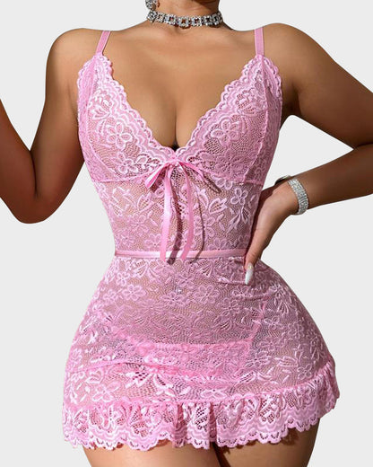 Women Lingerie Lace Chemise Sexy Nightgown Ruffle Hem Sleep Dress with Thong