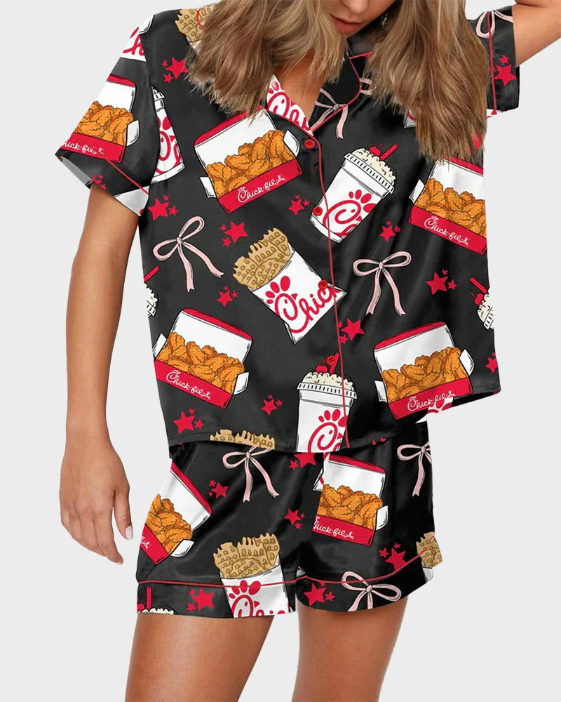 2-Piece Fried Chicken Print Satin Pajama Set