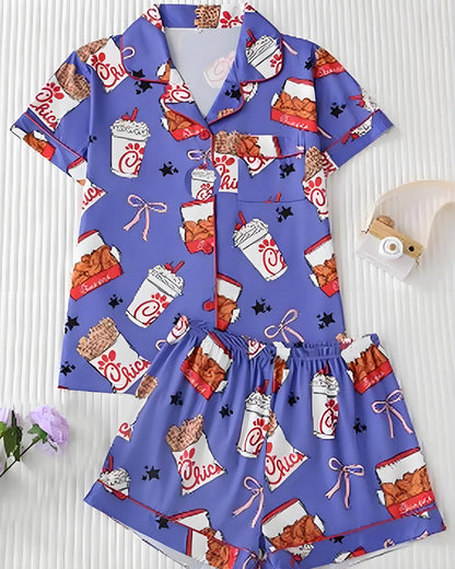 2-Piece Fried Chicken Print Satin Pajama Set