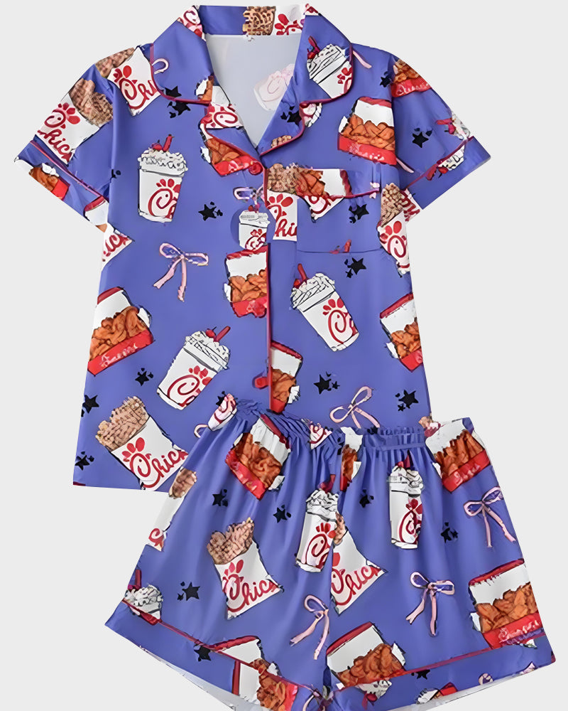 2-Piece Fried Chicken Print Satin Pajama Set