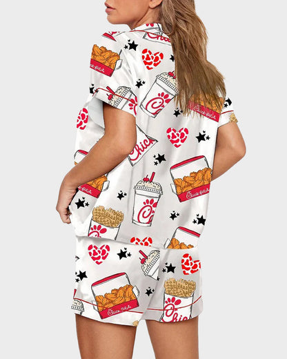 2-Piece Fried Chicken Print Satin Pajama Set