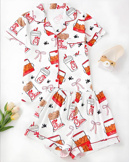 2-Piece Fried Chicken Print Satin Pajama Set